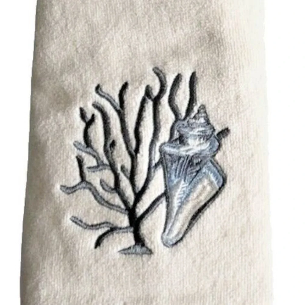 Traditions Shell Coral Embroidered Ivory Hand Towel Bathroom Summer Beach House